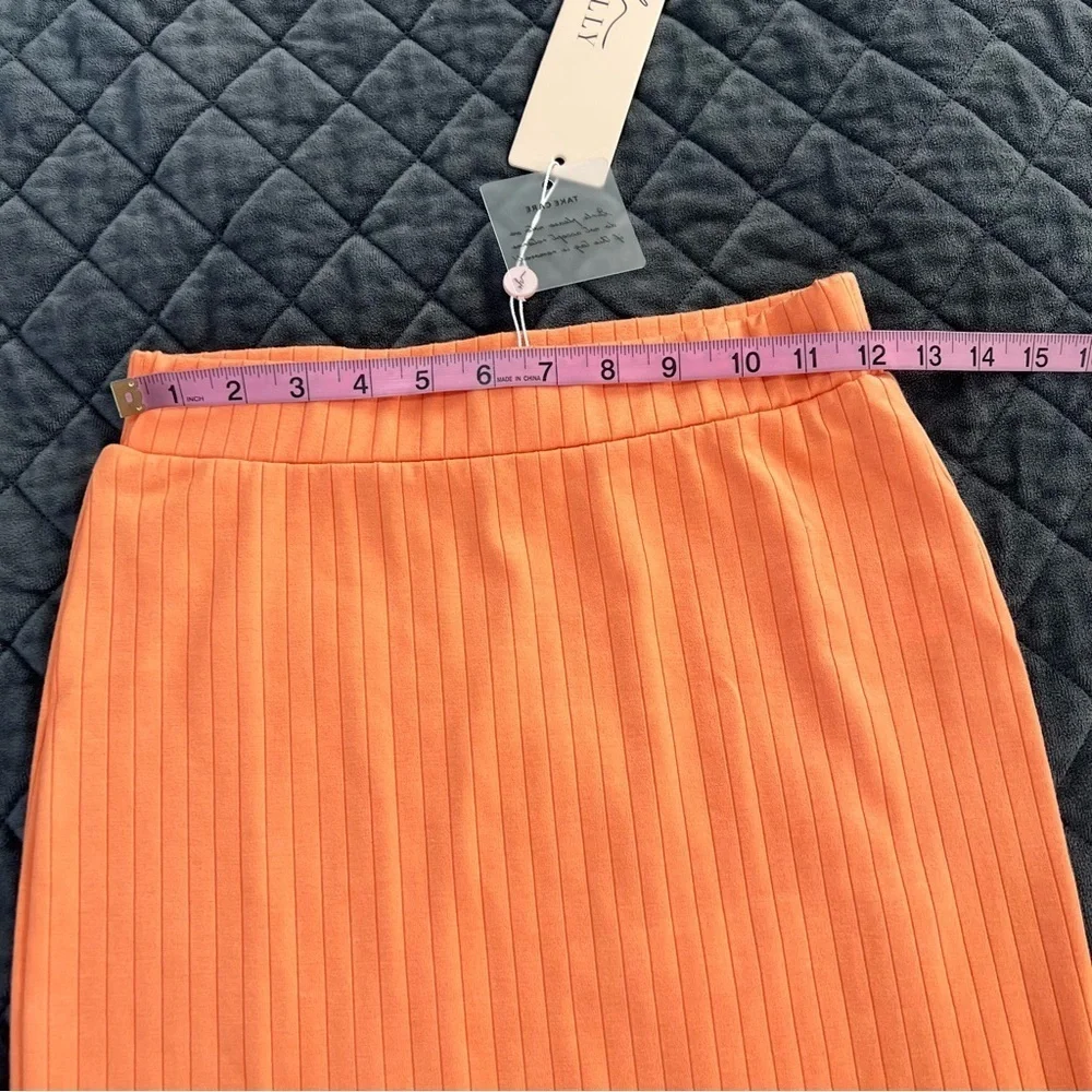 Oh Polly Midi Skirt Women’s Size 6 Orange Ribbed High Rise Pencil Fitted S